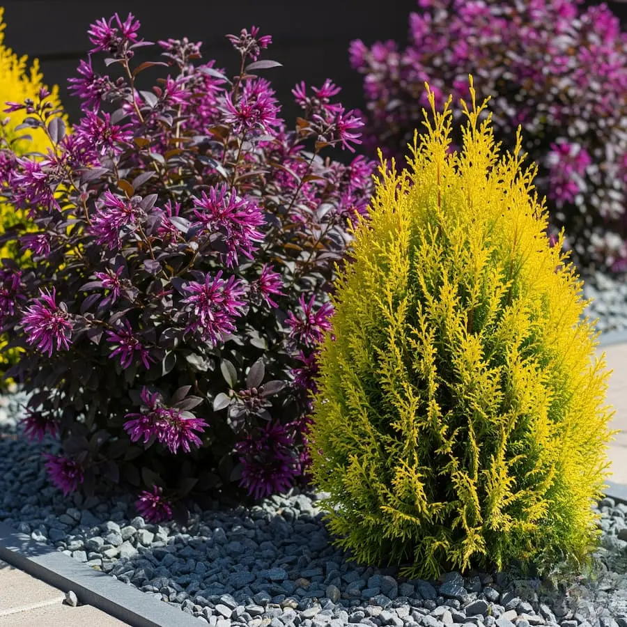 combinación de loropetalum en el jardín, con coníferas