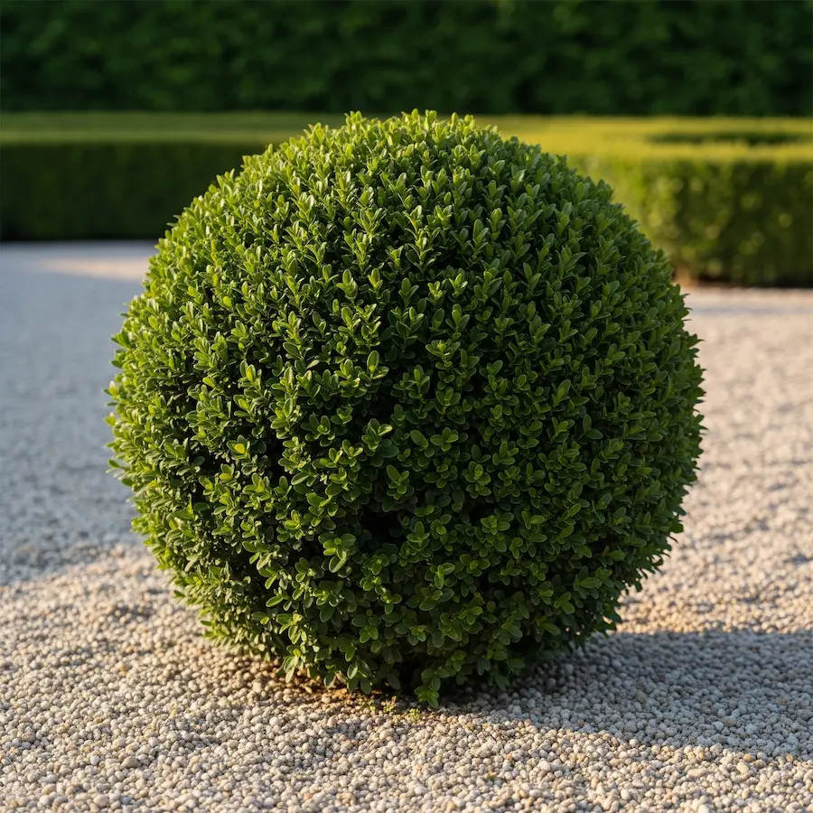 Buxus faulkner en jardín, una bola perfecta
