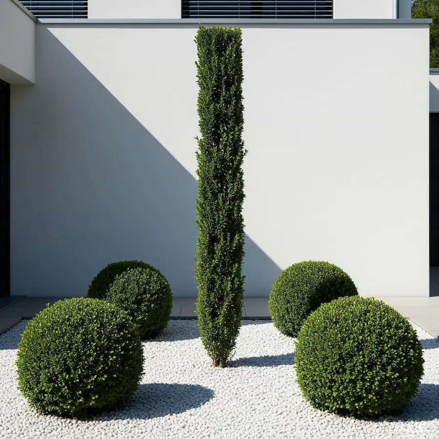 jardín minimalista esferas de boj y ciprés stricta sobre árido blanco