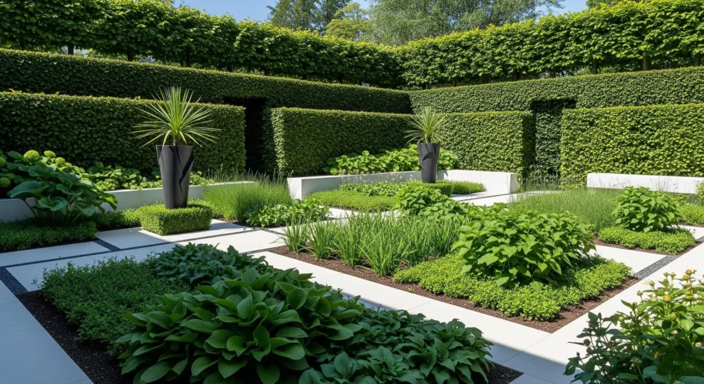 panoramica jardín con seto formal bien recortado Jardín con seto alto, setos bajos y medios perfectamente mantenidos