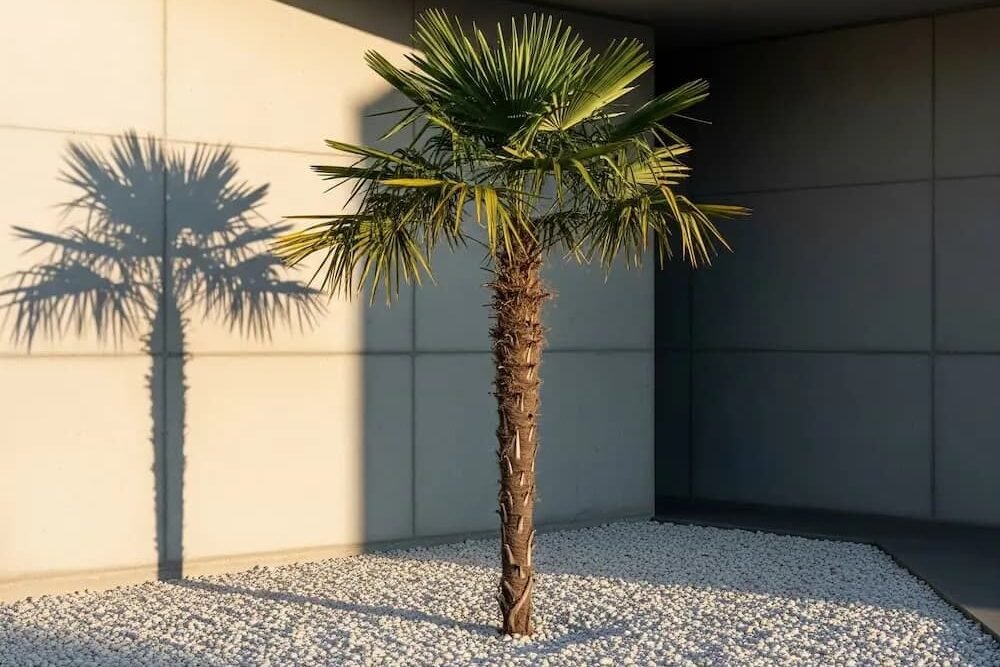 chamaerops excelsa en jardín minimalista