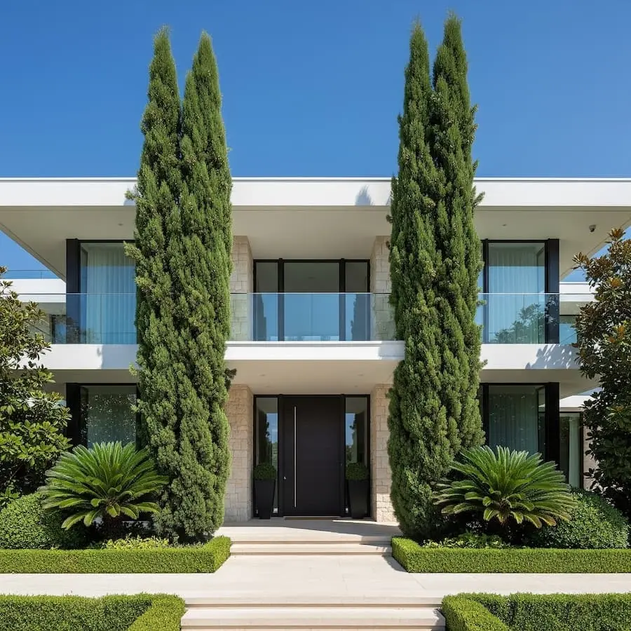 fachada chalet moderno cipreses ejemplares