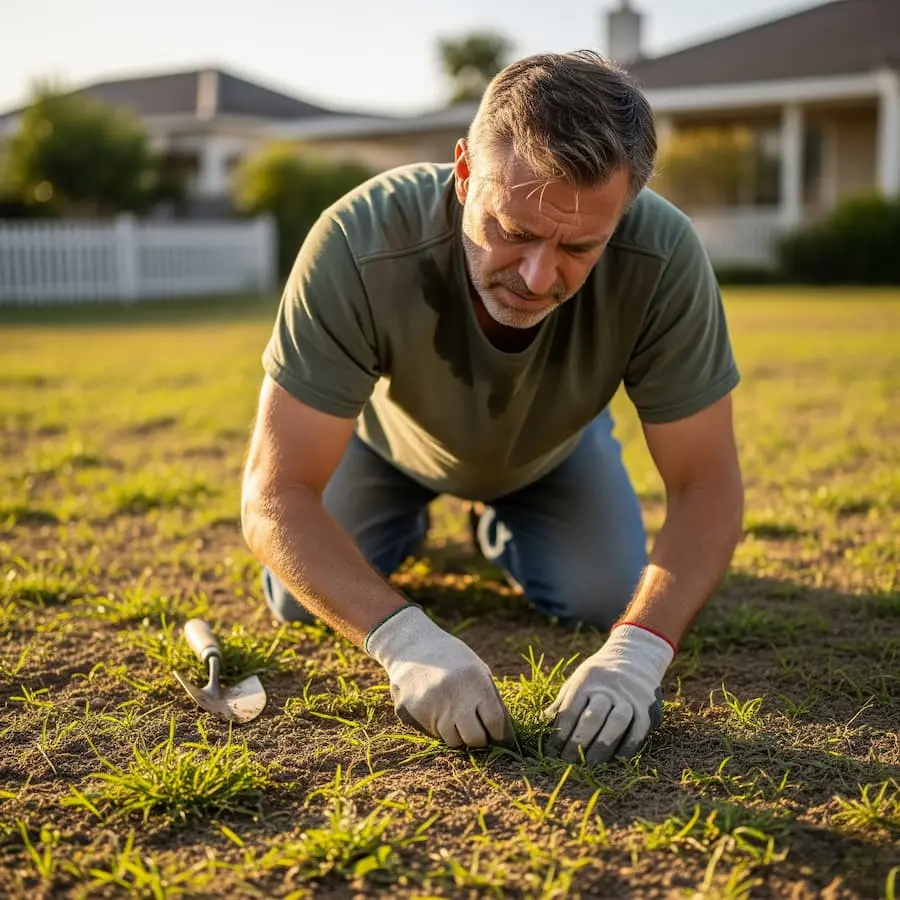 limpiando malas hierbas en un cesped sembrado