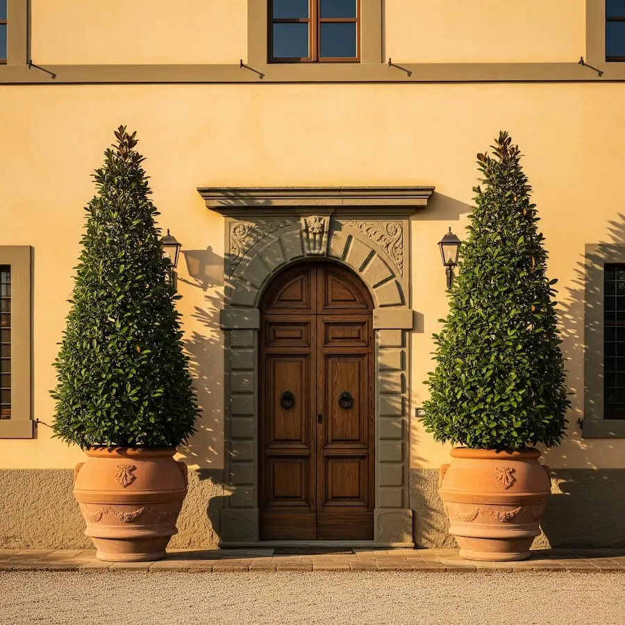 magnolia grandiflora en cono realza fachada de caserón