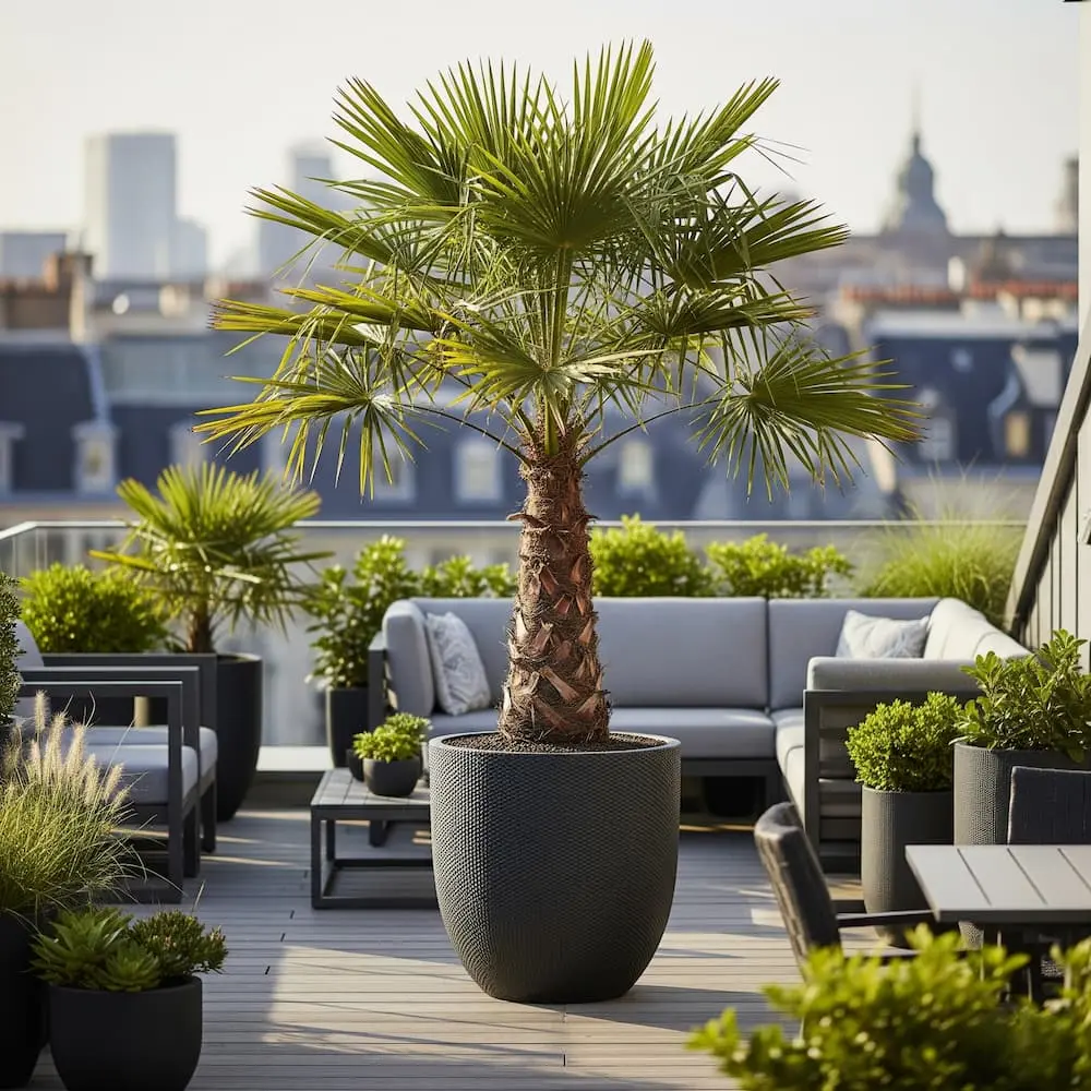 Chamaerops excelsa en maceta de diseño en terraza Madrid