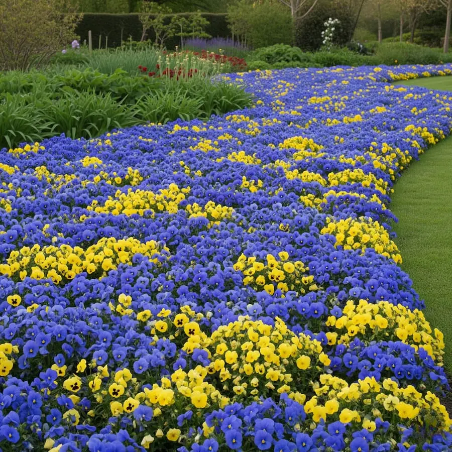 viola cornuta alfombra en parque (1) macizo de violas generando movimiento con colores